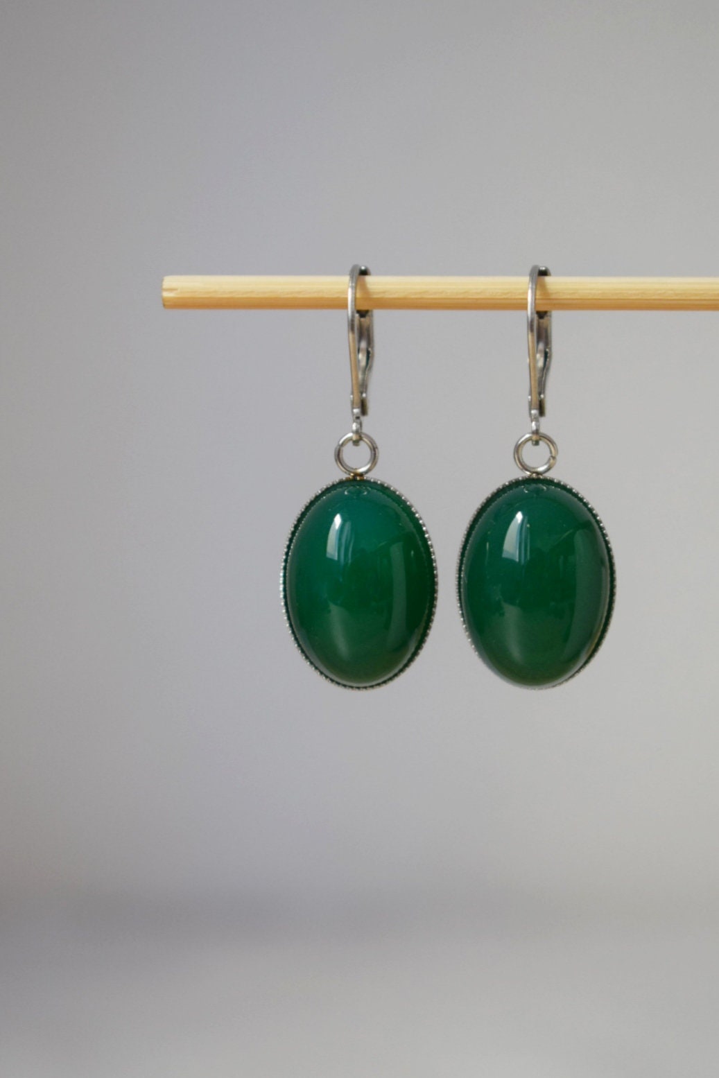 Huggie Hoop earrings with gemstone green agate, Oval stone dangle earrings, Stainless steel, Agate jewelry, Christmas gift for women