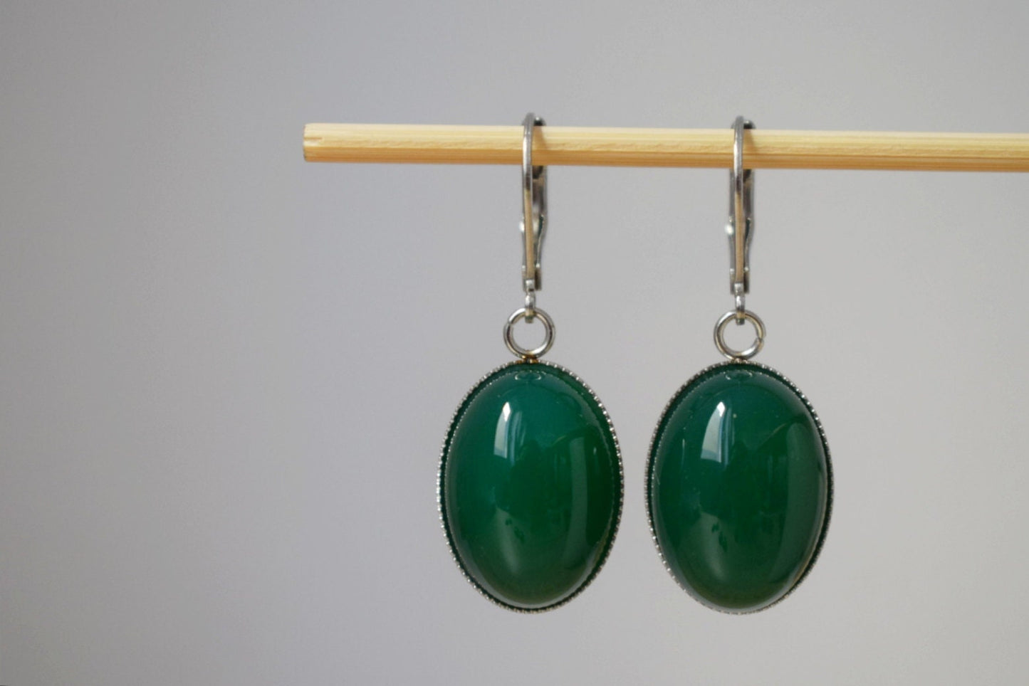 Huggie Hoop earrings with gemstone green agate, Oval stone dangle earrings, Stainless steel, Agate jewelry, Christmas gift for women