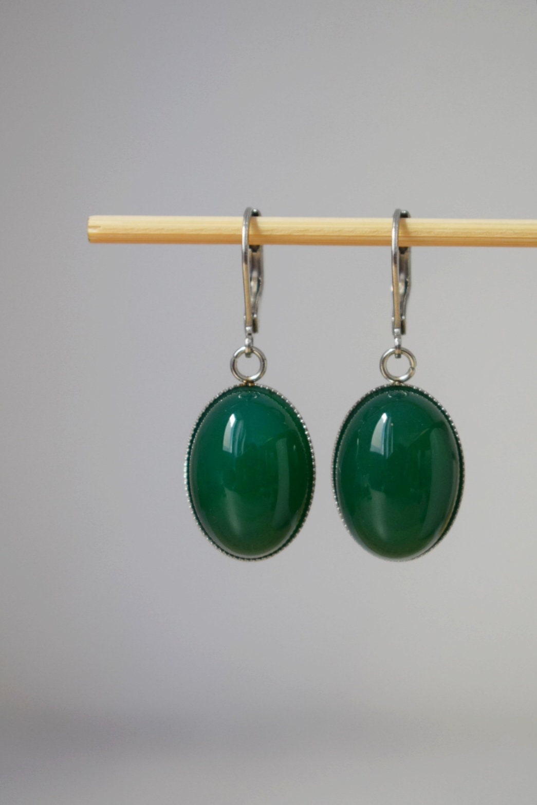 Huggie Hoop earrings with gemstone green agate, Oval stone dangle earrings, Stainless steel, Agate jewelry, Christmas gift for women