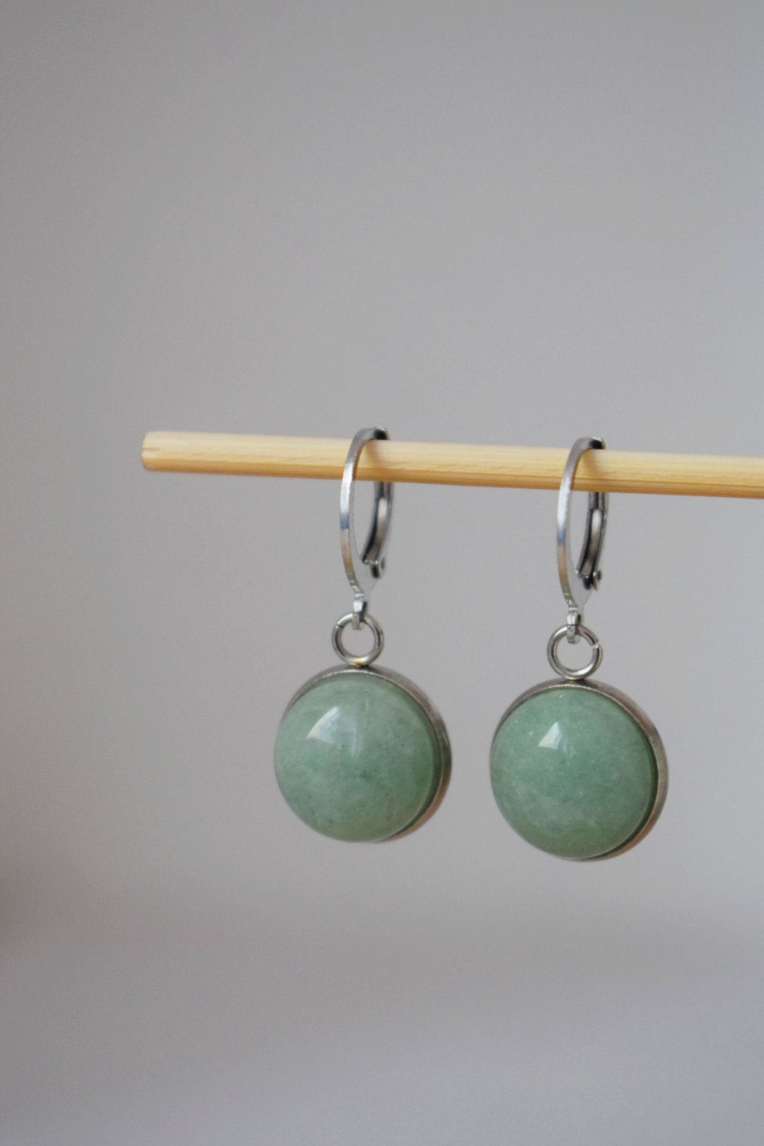 Aventurine huggie hoop earrings, Green gemstone dangle earrings, Birthstone round stainless steel pendant, Unisex jewelry gift