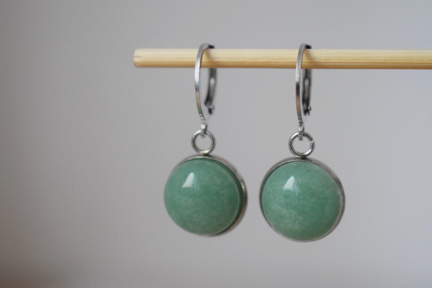 Aventurine huggie hoop earrings, Green gemstone dangle earrings, Birthstone round stainless steel pendant, Unisex jewelry gift