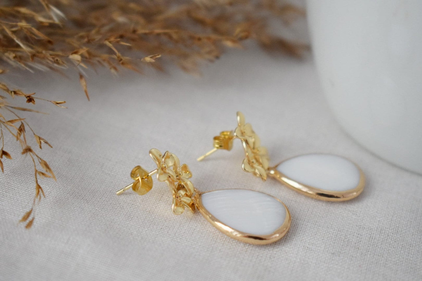 Teardrop freshwater pearl with 18K gold plated flower stud earrings, Pendant dangle drop shell earrings, Bridesmaid, Wedding pearl jewelry