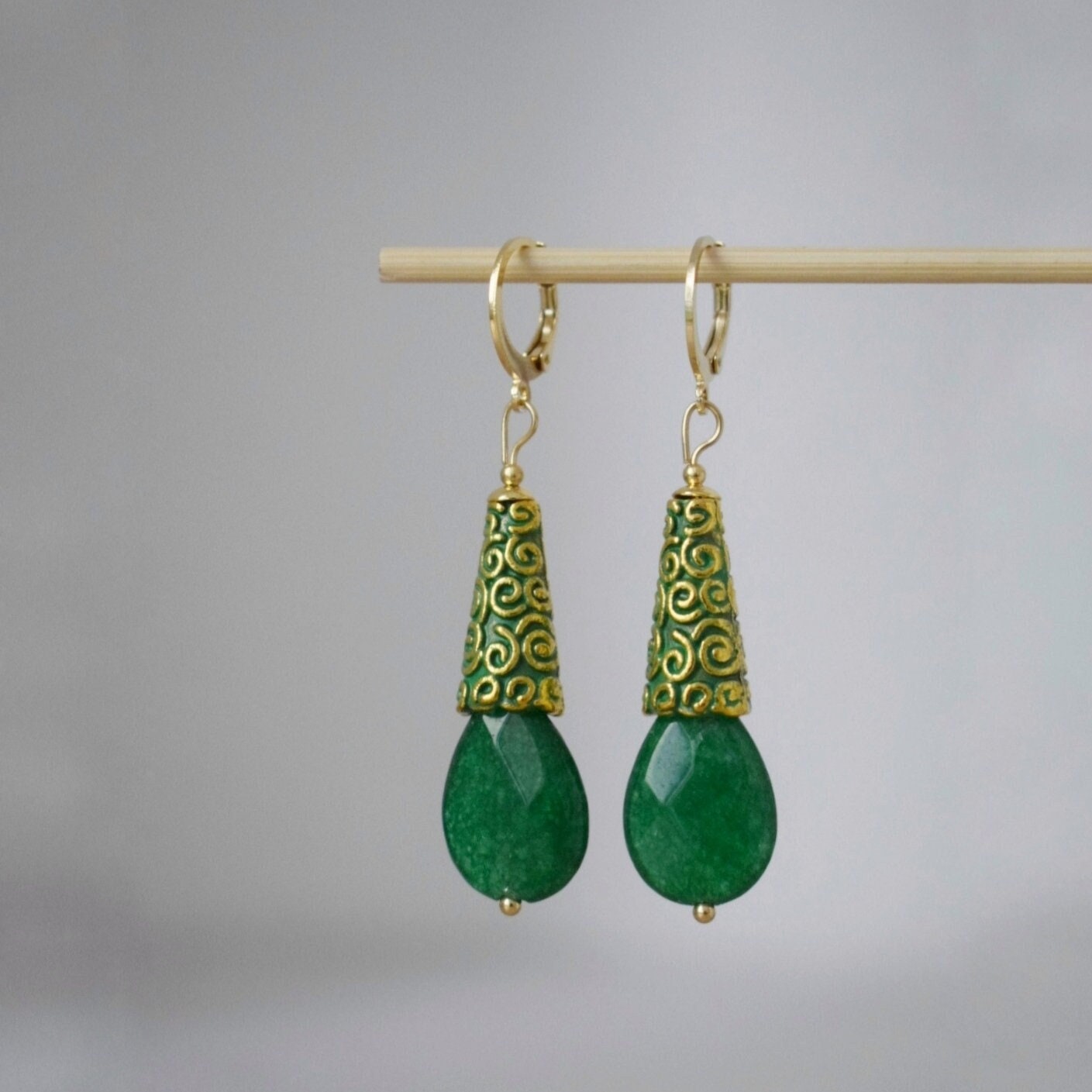 Vintage Green jade earrings, Teardrop enamel dangle earrings, Faceted gemstone drop huggies, Stone hoops, Unique jade jewelry, Gift for her