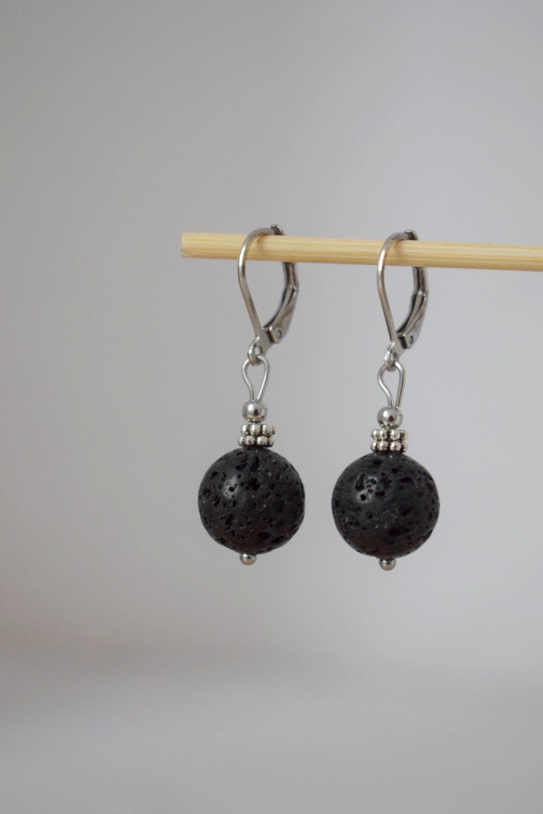 Lava stone bead earrings silver, Black gemstone huggie hoops, Lava rock, Diffuser Jewelry, Lever back, Stainless steel, Essential oil, Gift