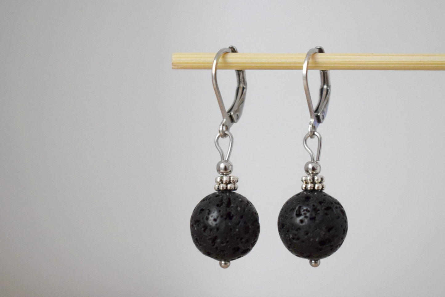 Lava stone bead earrings silver, Black gemstone huggie hoops, Lava rock, Diffuser Jewelry, Lever back, Stainless steel, Essential oil, Gift