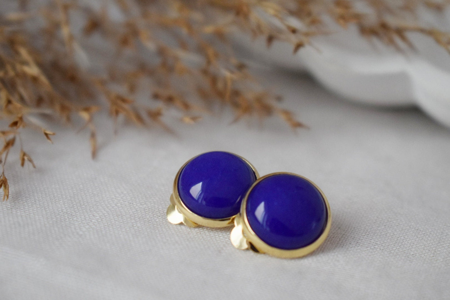 Gold plated clip on earrings with blue jade, Gemstone round ear clips, Stainless steel non pierced earrings, Unisex jade earrings