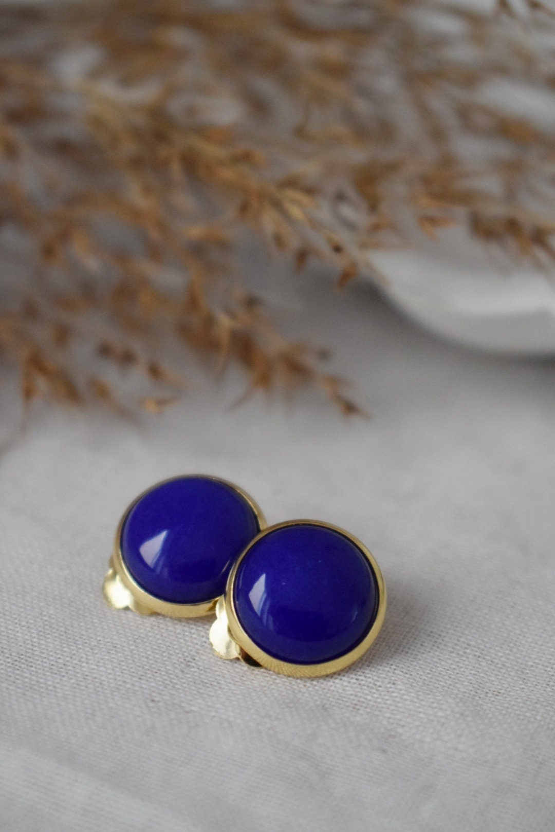 Gold plated clip on earrings with blue jade, Gemstone round ear clips, Stainless steel non pierced earrings, Unisex jade earrings