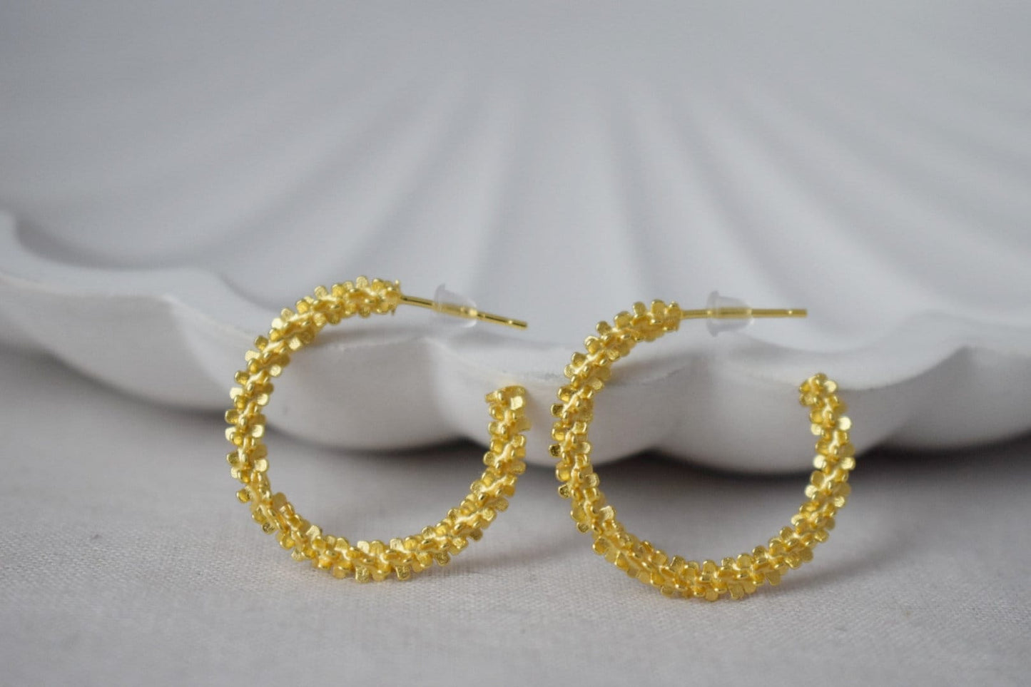 925 Sterling Silver Textured Hoop Earrings, Statement Golden Hoops, Half Modern Stud Earrings, C shape, Push Back, Perfect Gift for Her