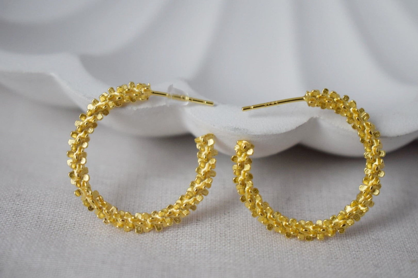 925 Sterling Silver Textured Hoop Earrings, Statement Golden Hoops, Half Modern Stud Earrings, C shape, Push Back, Perfect Gift for Her