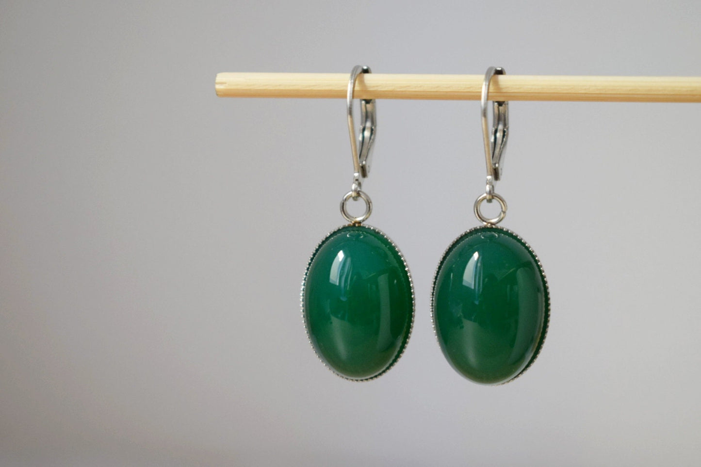 Huggie Hoop earrings with gemstone green agate, Oval stone dangle earrings, Stainless steel, Agate jewelry, Christmas gift for women