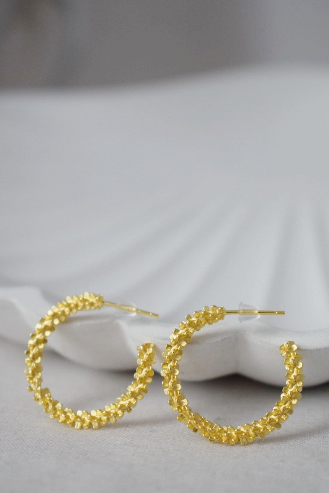 925 Sterling Silver Textured Hoop Earrings, Statement Golden Hoops, Half Modern Stud Earrings, C shape, Push Back, Perfect Gift for Her