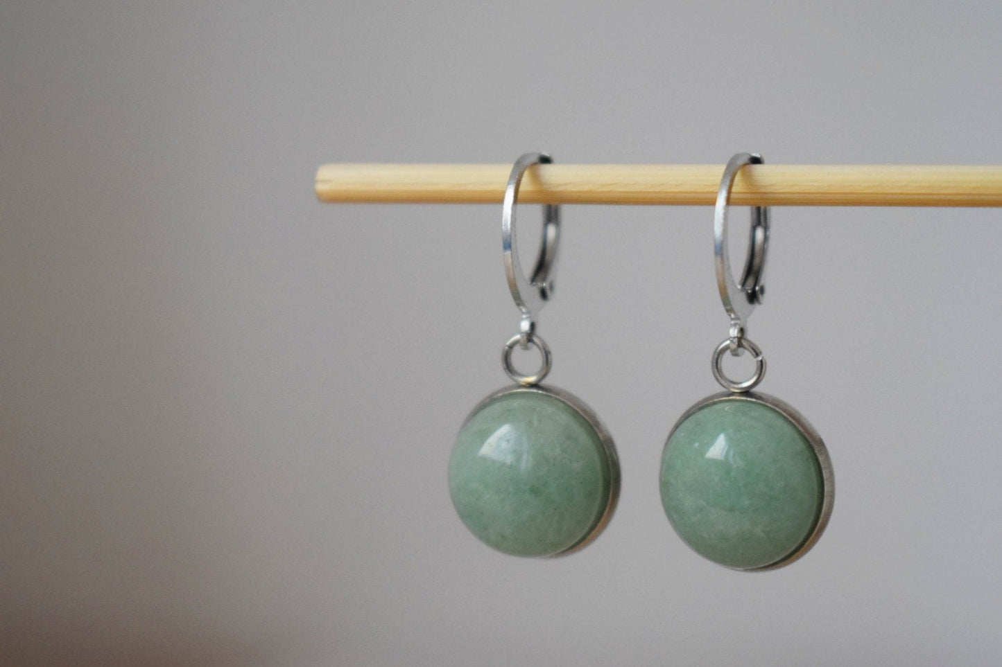 Aventurine huggie hoop earrings, Green gemstone dangle earrings, Birthstone round stainless steel pendant, Unisex jewelry gift