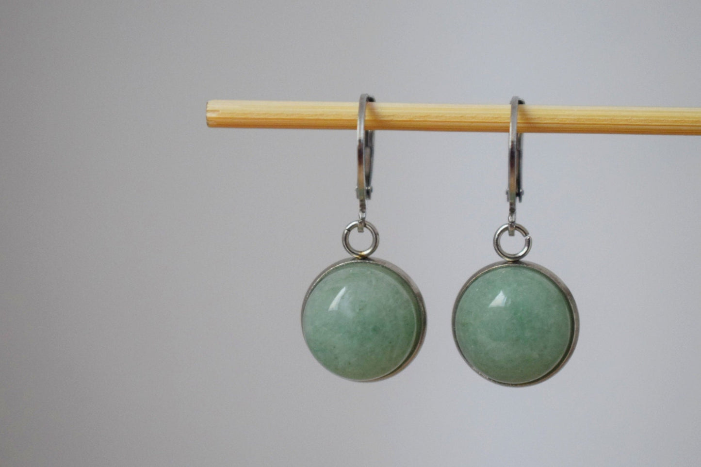 Aventurine huggie hoop earrings, Green gemstone dangle earrings, Birthstone round stainless steel pendant, Unisex jewelry gift