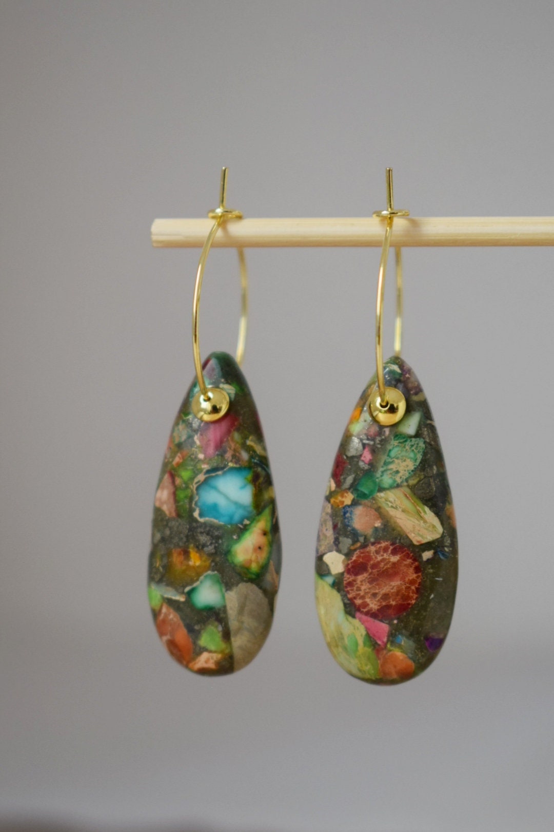 Imperial Jasper Hoop Earrings, 18k gold plated, Teardrop Sea Sediment Jasper, Stainless steel, Gemstone Drop Colorful Dangle Earrings, Gift