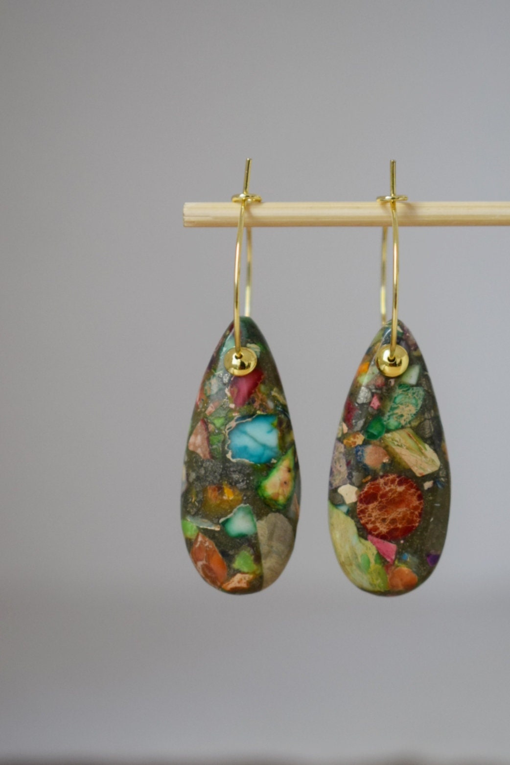 Imperial Jasper Hoop Earrings, 18k gold plated, Teardrop Sea Sediment Jasper, Stainless steel, Gemstone Drop Colorful Dangle Earrings, Gift