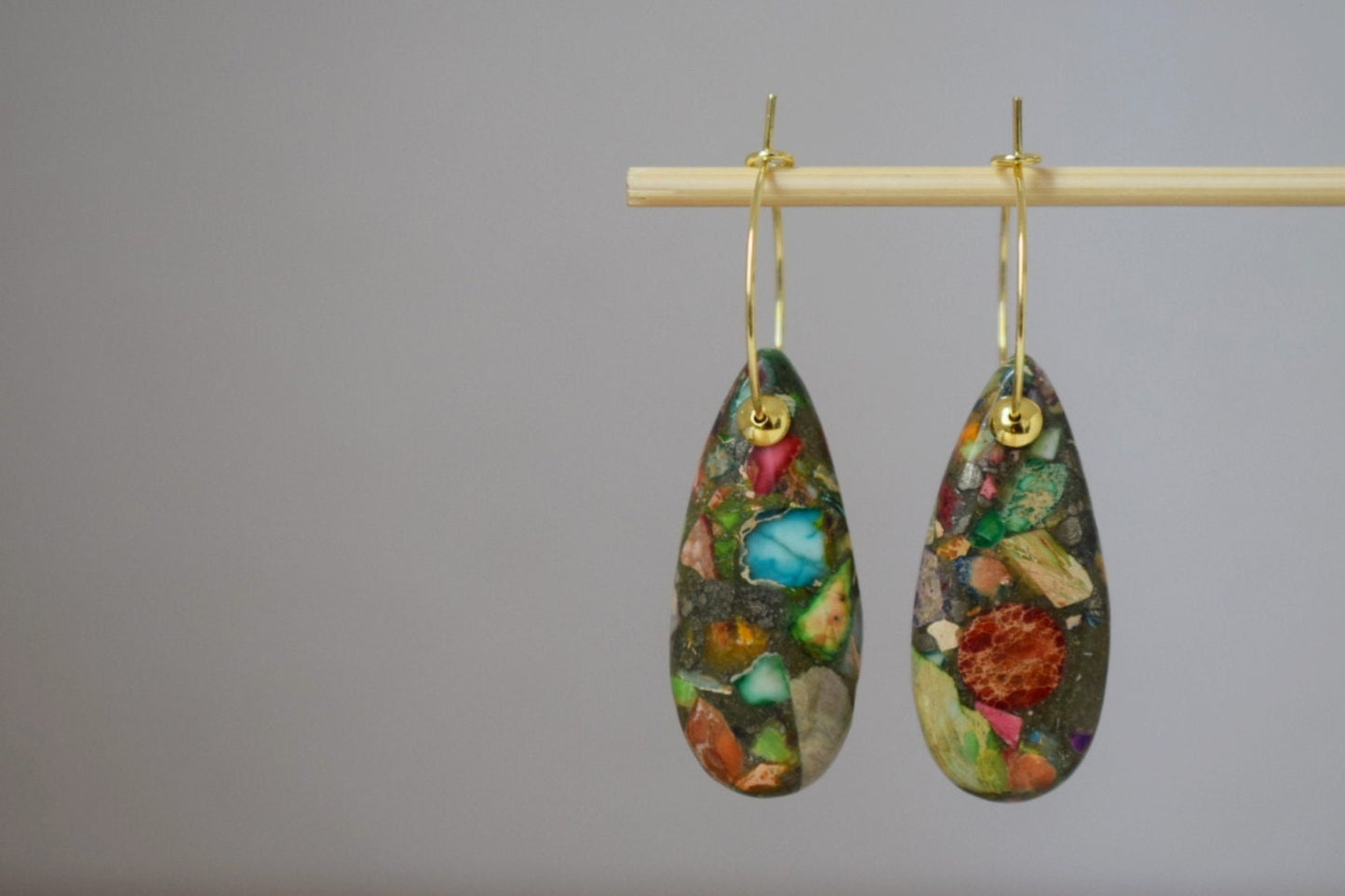 Imperial Jasper Hoop Earrings, 18k gold plated, Teardrop Sea Sediment Jasper, Stainless steel, Gemstone Drop Colorful Dangle Earrings, Gift