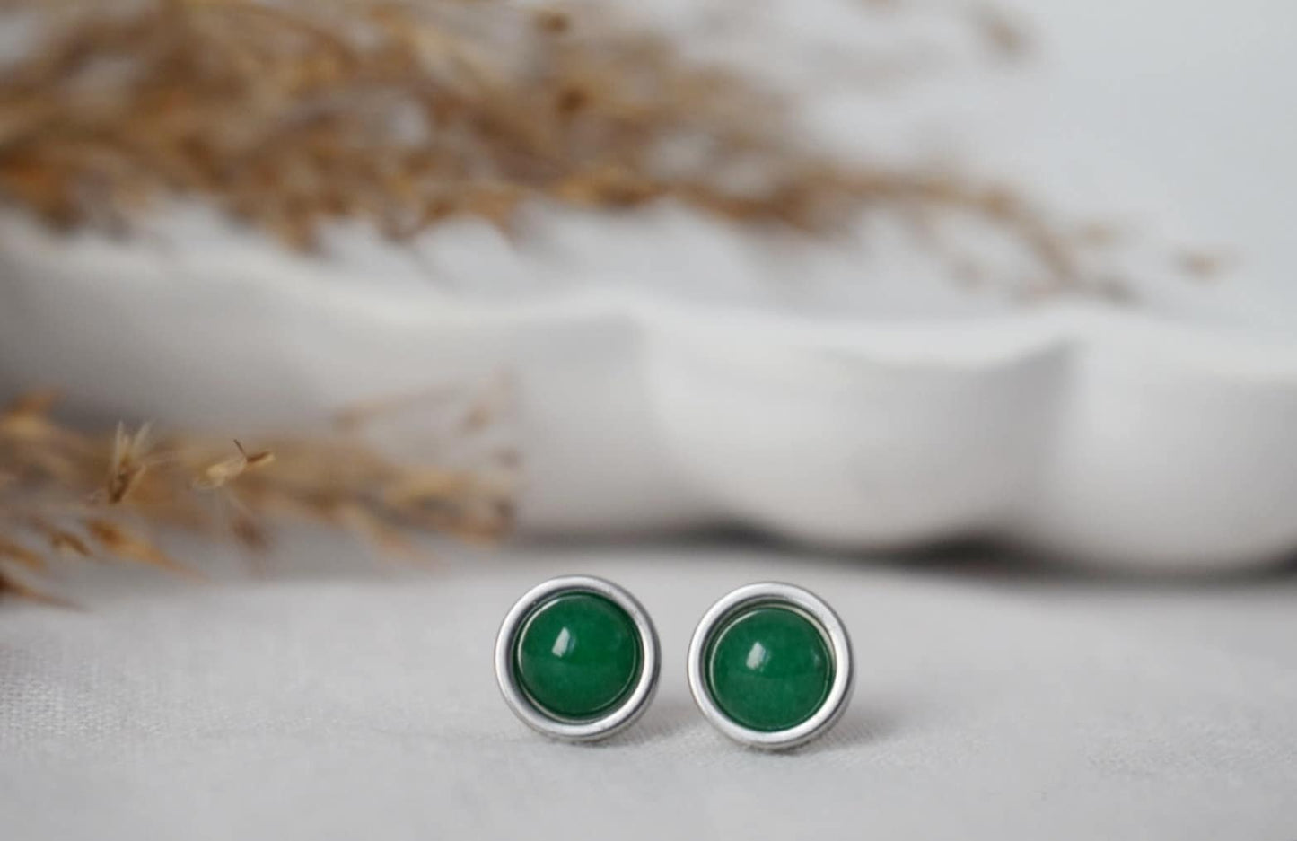 Green Jade Stud Earrings Silver, Minimalist, 10mm, Positive Jewelry, Gemstone, Stud Earrings, Round, Birthday Anniversary Gift For Her