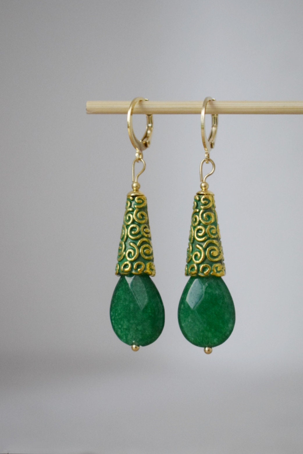 Vintage Green jade earrings, Teardrop enamel dangle earrings, Faceted gemstone drop huggies, Stone hoops, Unique jade jewelry, Gift for her