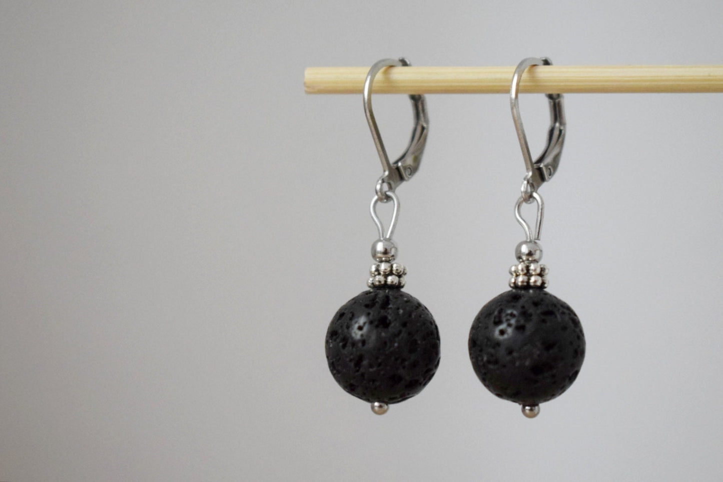 Lava stone bead earrings silver, Black gemstone huggie hoops, Lava rock, Diffuser Jewelry, Lever back, Stainless steel, Essential oil, Gift