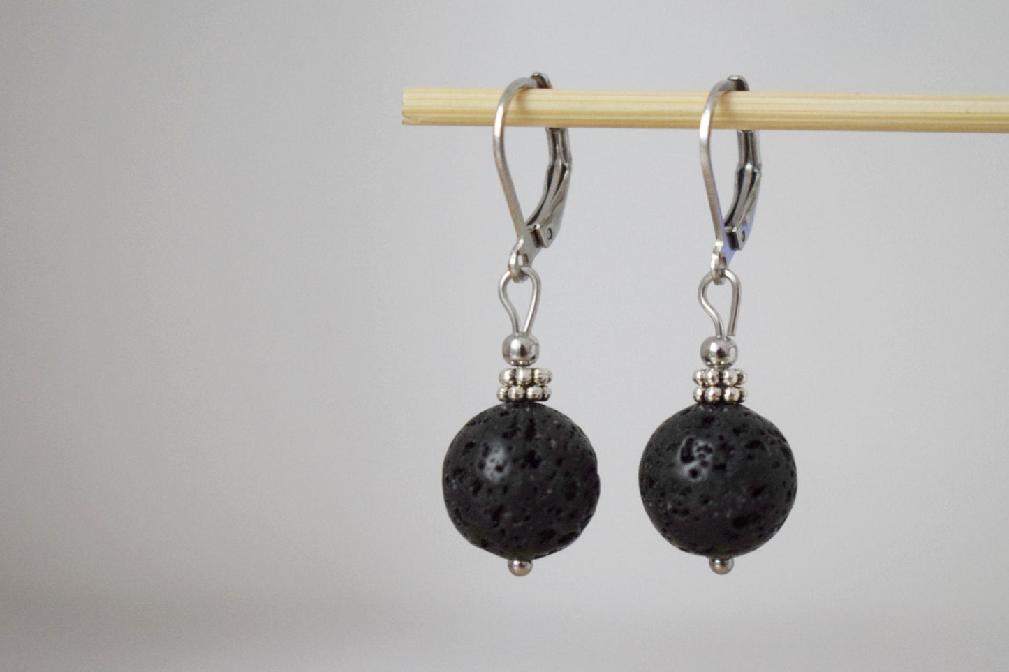 Lava stone bead earrings silver, Black gemstone huggie hoops, Lava rock, Diffuser Jewelry, Lever back, Stainless steel, Essential oil, Gift
