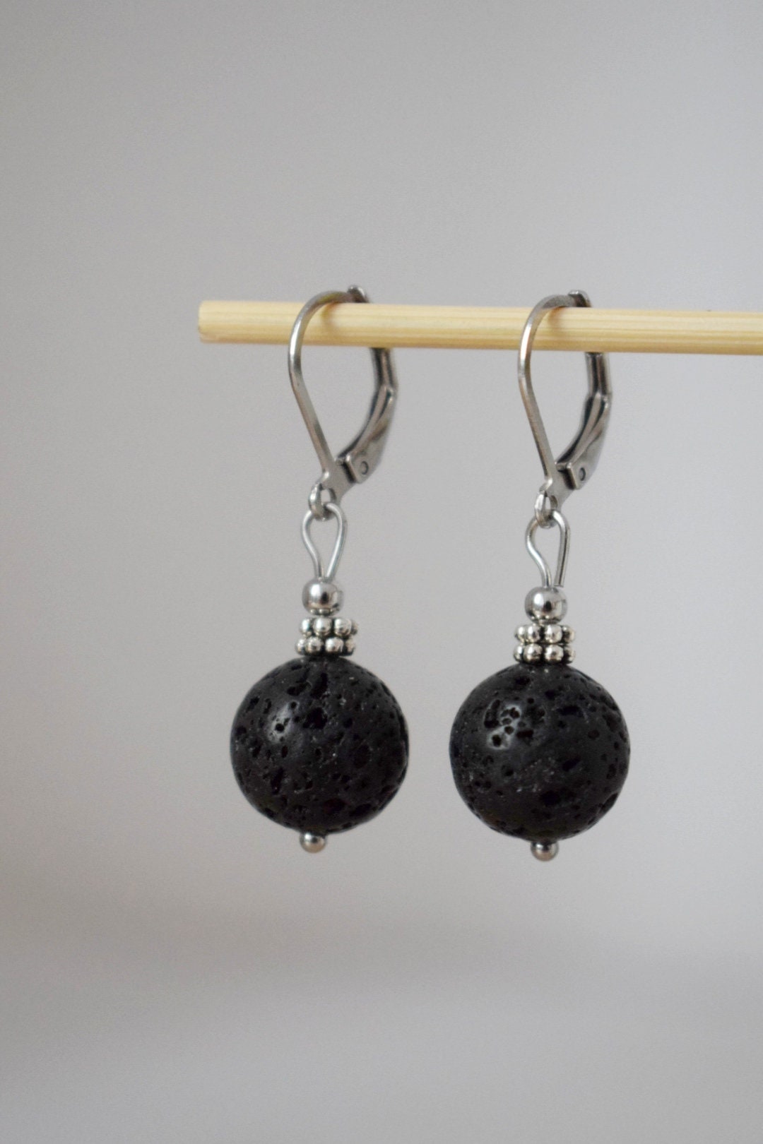 Lava stone bead earrings silver, Black gemstone huggie hoops, Lava rock, Diffuser Jewelry, Lever back, Stainless steel, Essential oil, Gift