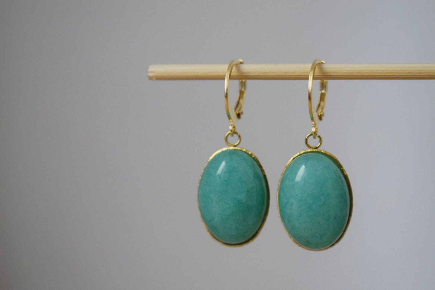 Huggie hoop earrings with Turquoise Jade, Oval stone pendant dangle drop lever back earrings, Stainless steel, Small jewelry gift for her