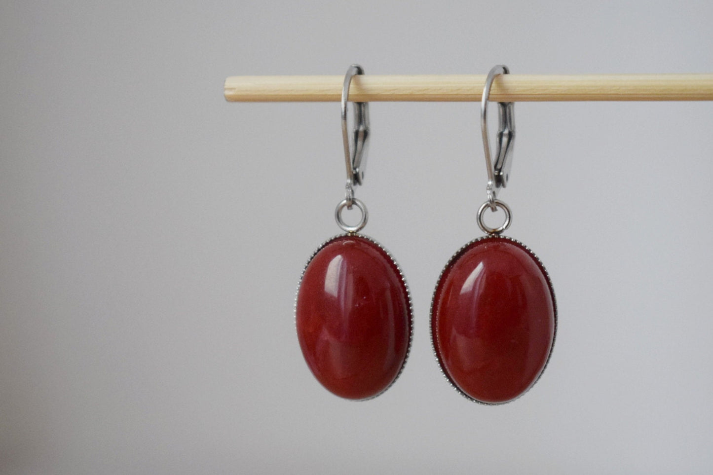 Jade earrings, Dark red jade huggies, Oval gemstone dangle earrings, Boho jewelry, Unique gift for her
