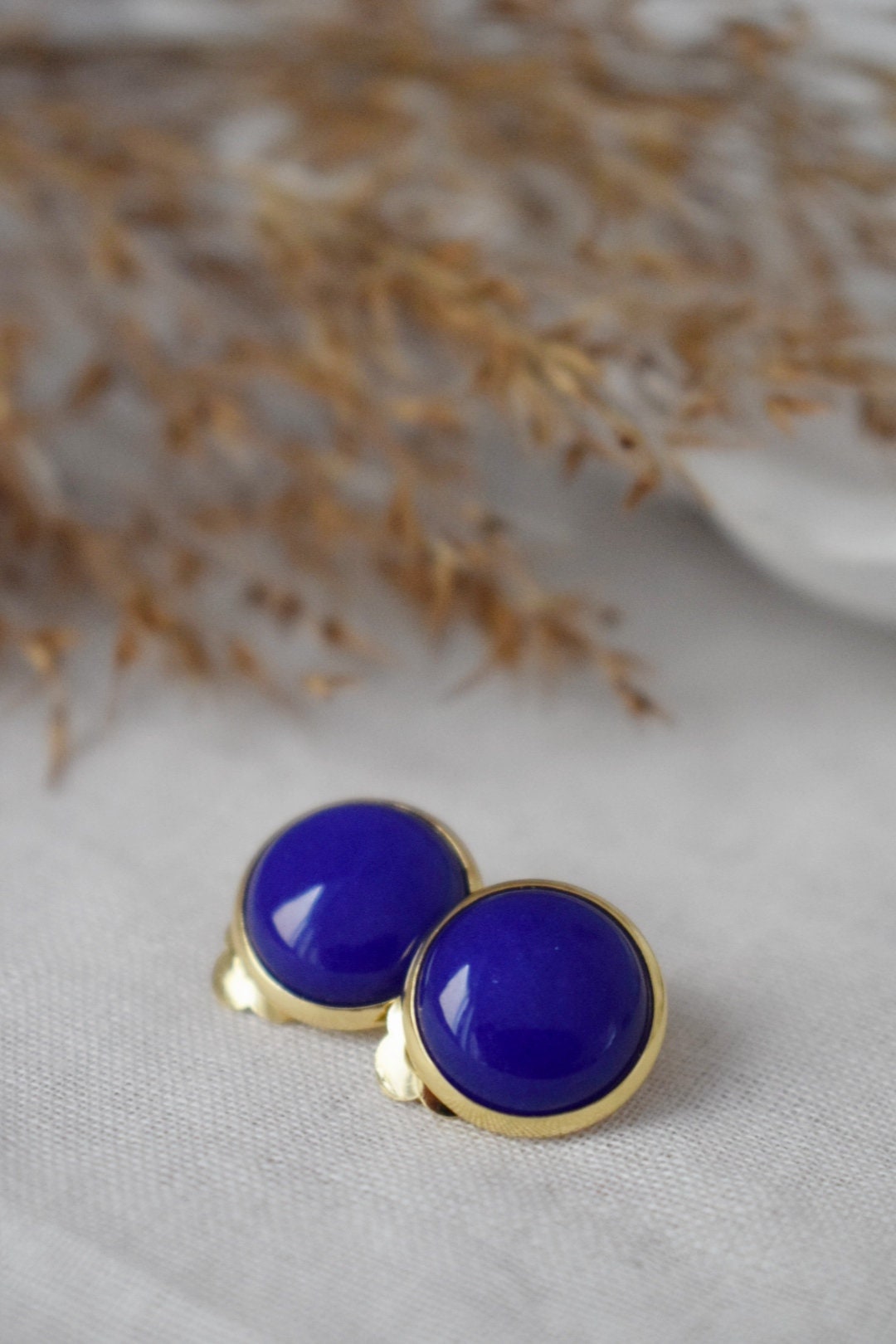 Gold plated clip on earrings with blue jade, Gemstone round ear clips, Stainless steel non pierced earrings, Unisex jade earrings