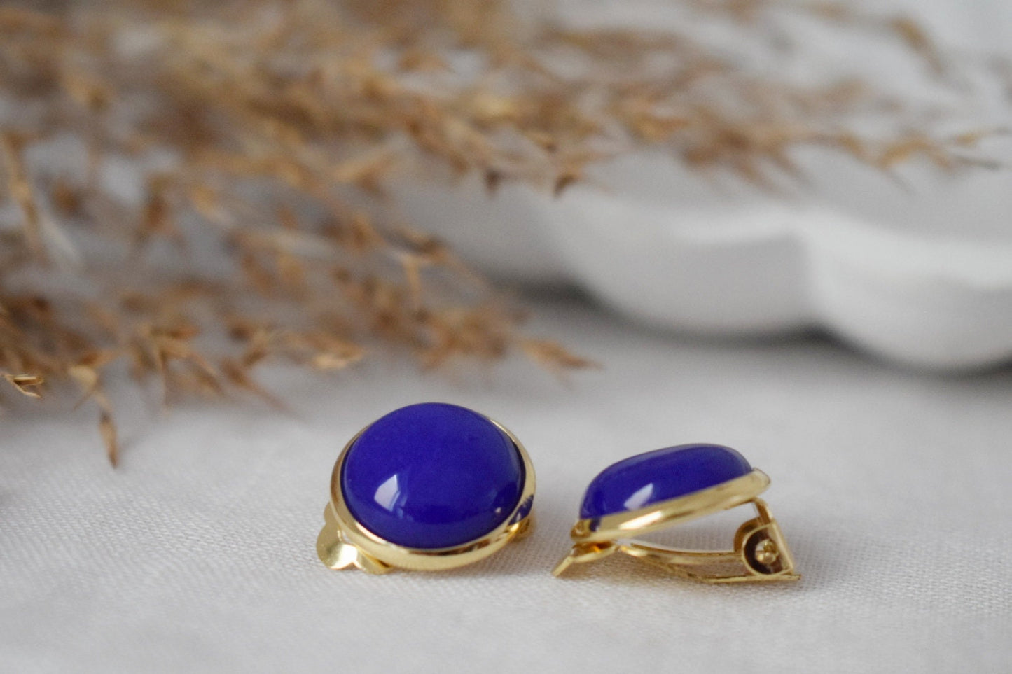 Gold plated clip on earrings with blue jade, Gemstone round ear clips, Stainless steel non pierced earrings, Unisex jade earrings