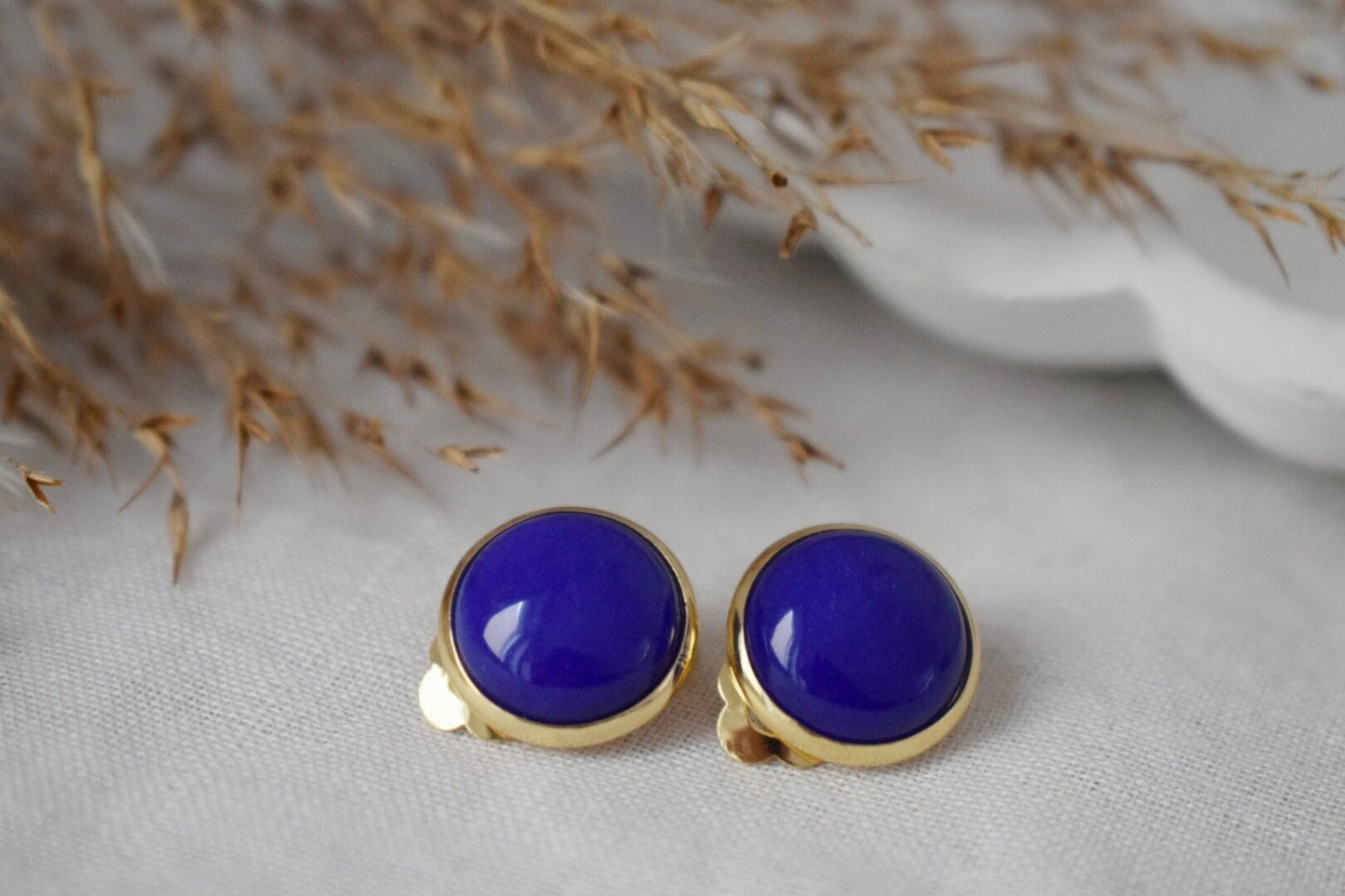 Gold plated clip on earrings with blue jade, Gemstone round ear clips, Stainless steel non pierced earrings, Unisex jade earrings