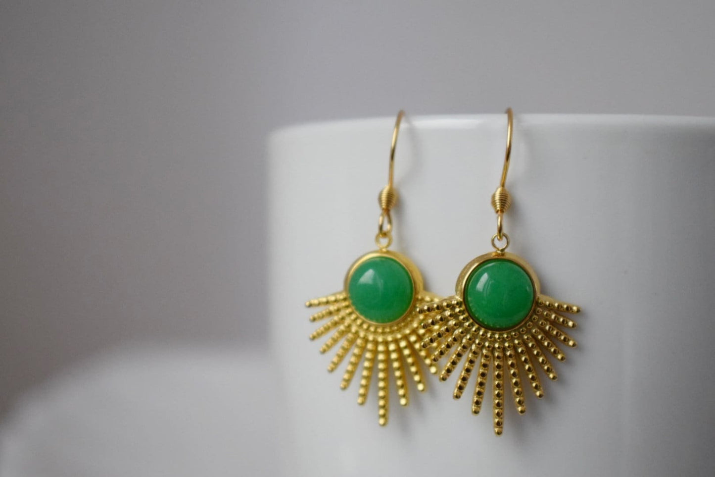 Green jade earrings gold, Sun rays dangling earrings, Sunburst, Green gemstone drop earrings, Celestial, Green jade jewelry, Gift for her