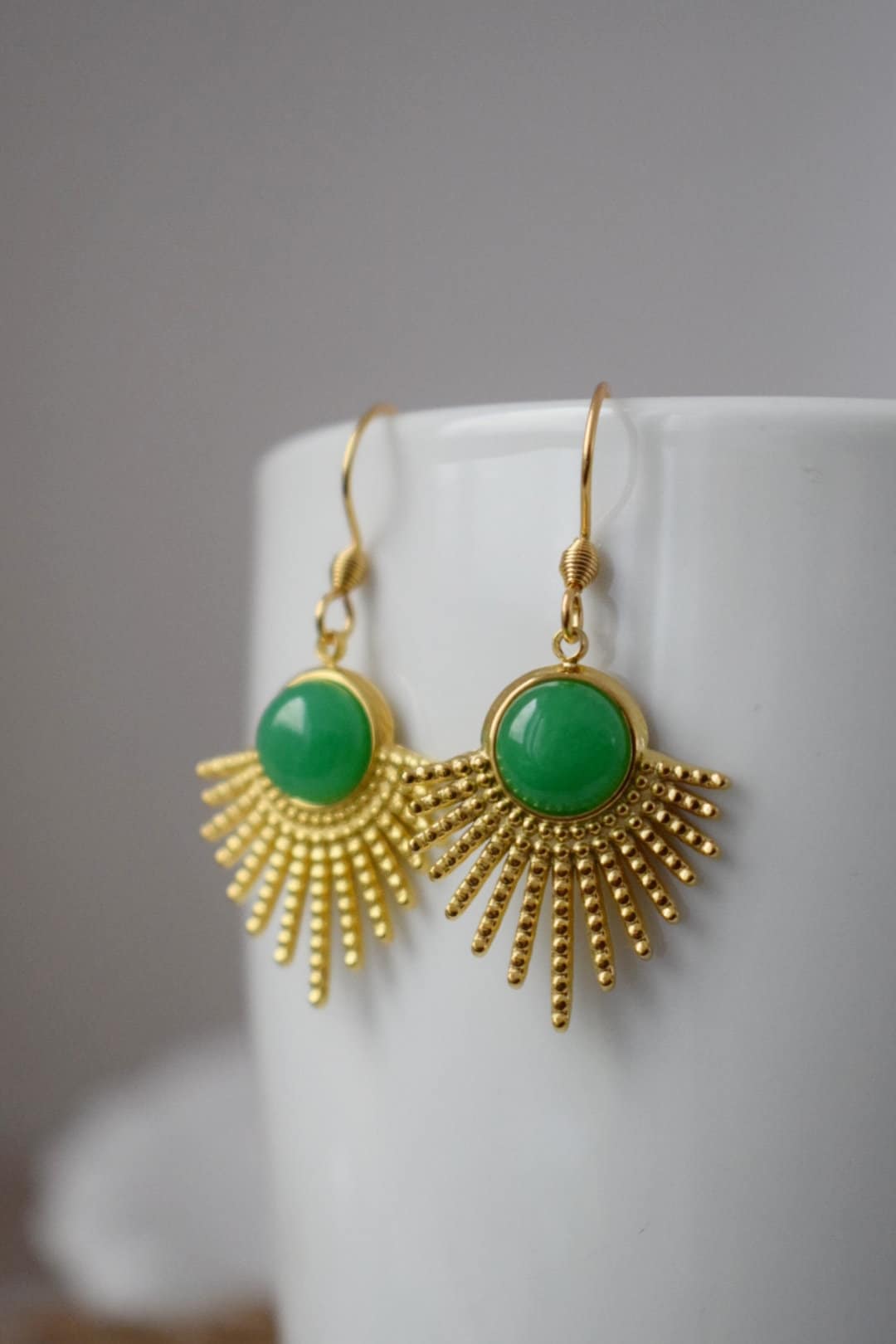 Green jade earrings gold, Sun rays dangling earrings, Sunburst, Green gemstone drop earrings, Celestial, Green jade jewelry, Gift for her