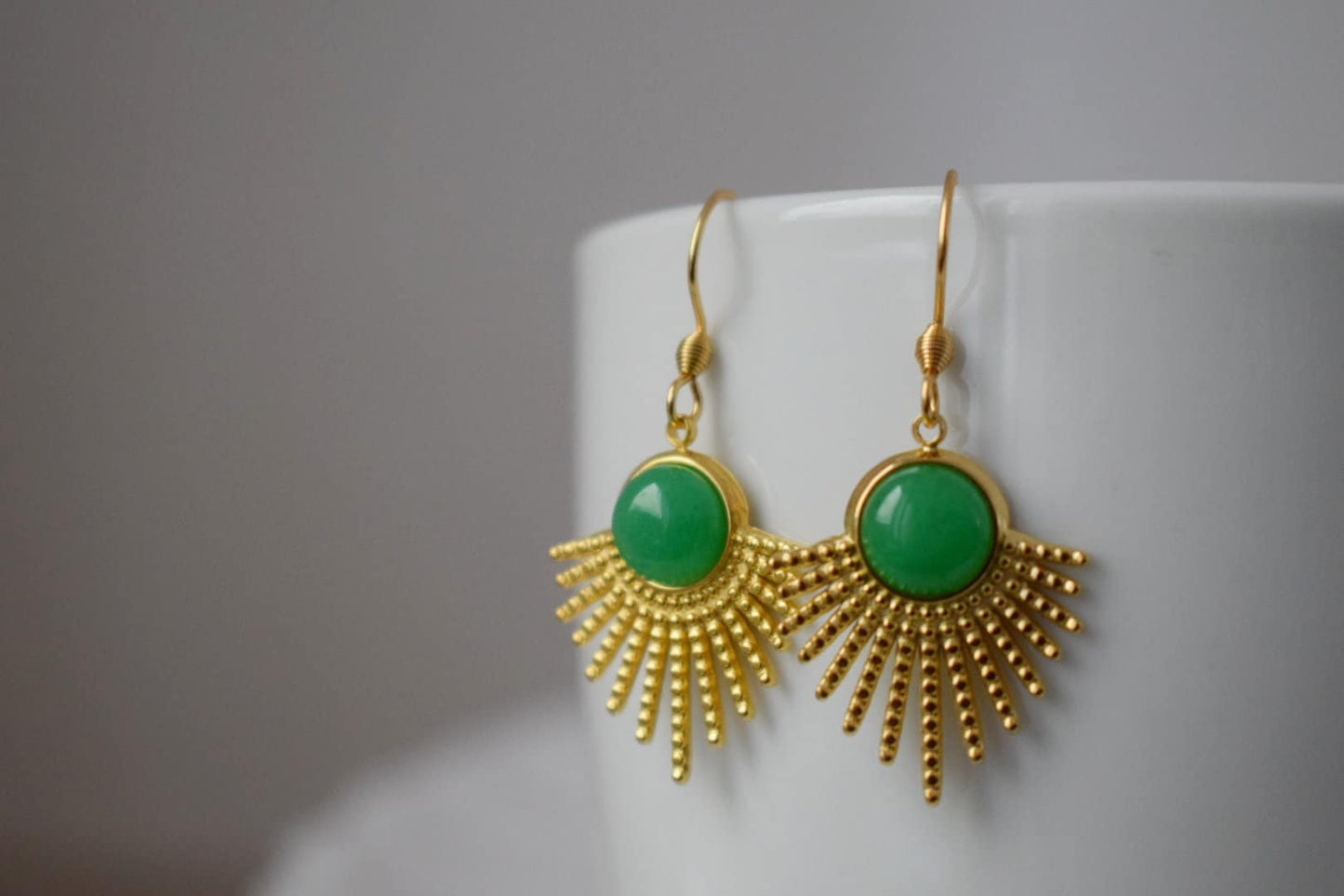 Green jade earrings gold, Sun rays dangling earrings, Sunburst, Green gemstone drop earrings, Celestial, Green jade jewelry, Gift for her