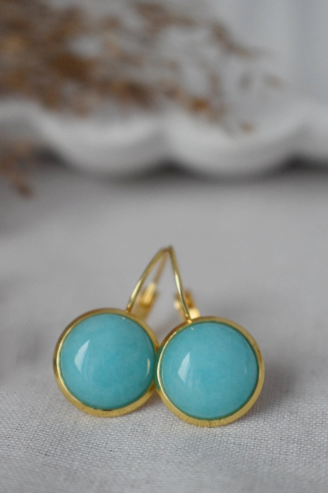 Turquoise Jade Earrings, 12mm Gemstone Dangle Earrings, Hanging Earrings, Turquoise Gold, Lever Back Earrings, Jade Jewelry, Gift For Her