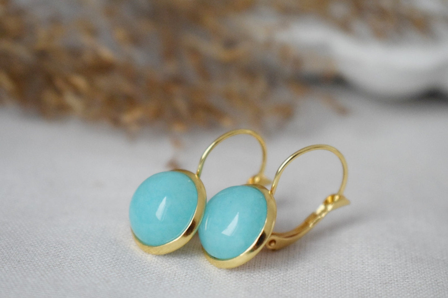 Turquoise Jade Earrings, 12mm Gemstone Dangle Earrings, Hanging Earrings, Turquoise Gold, Lever Back Earrings, Jade Jewelry, Gift For Her
