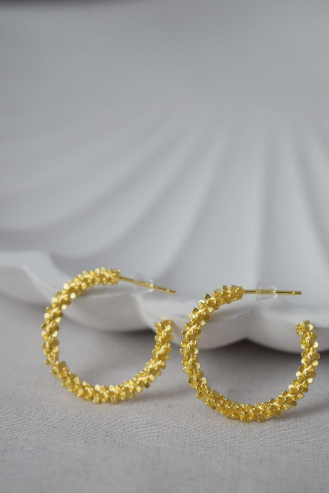 925 Sterling Silver Textured Hoop Earrings, Statement Golden Hoops, Half Modern Stud Earrings, C shape, Push Back, Perfect Gift for Her