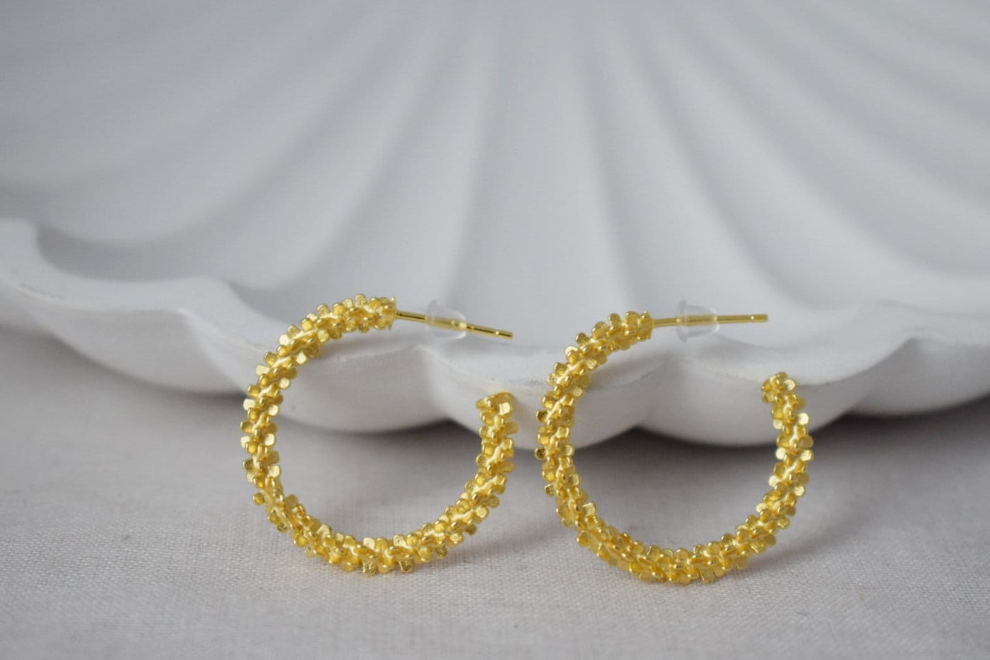 925 Sterling Silver Textured Hoop Earrings, Statement Golden Hoops, Half Modern Stud Earrings, C shape, Push Back, Perfect Gift for Her