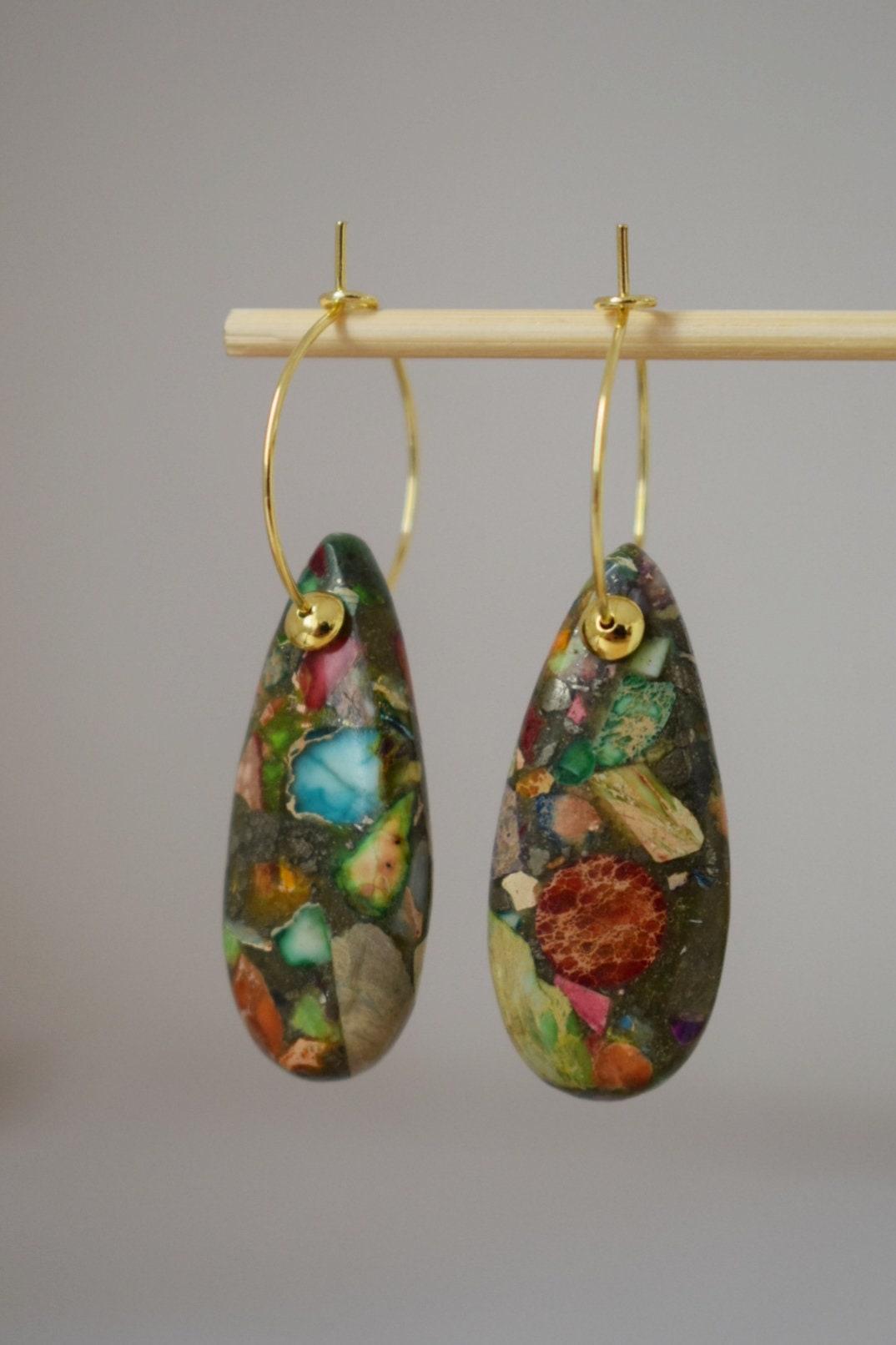 Imperial Jasper Hoop Earrings, 18k gold plated, Teardrop Sea Sediment Jasper, Stainless steel, Gemstone Drop Colorful Dangle Earrings, Gift
