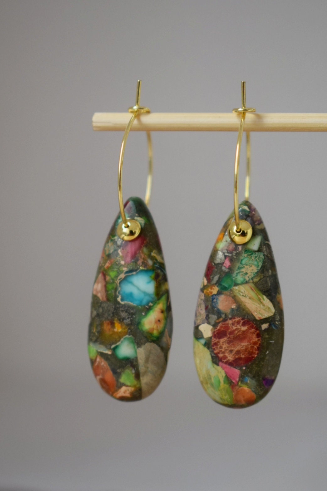 Imperial Jasper Hoop Earrings, 18k gold plated, Teardrop Sea Sediment Jasper, Stainless steel, Gemstone Drop Colorful Dangle Earrings, Gift