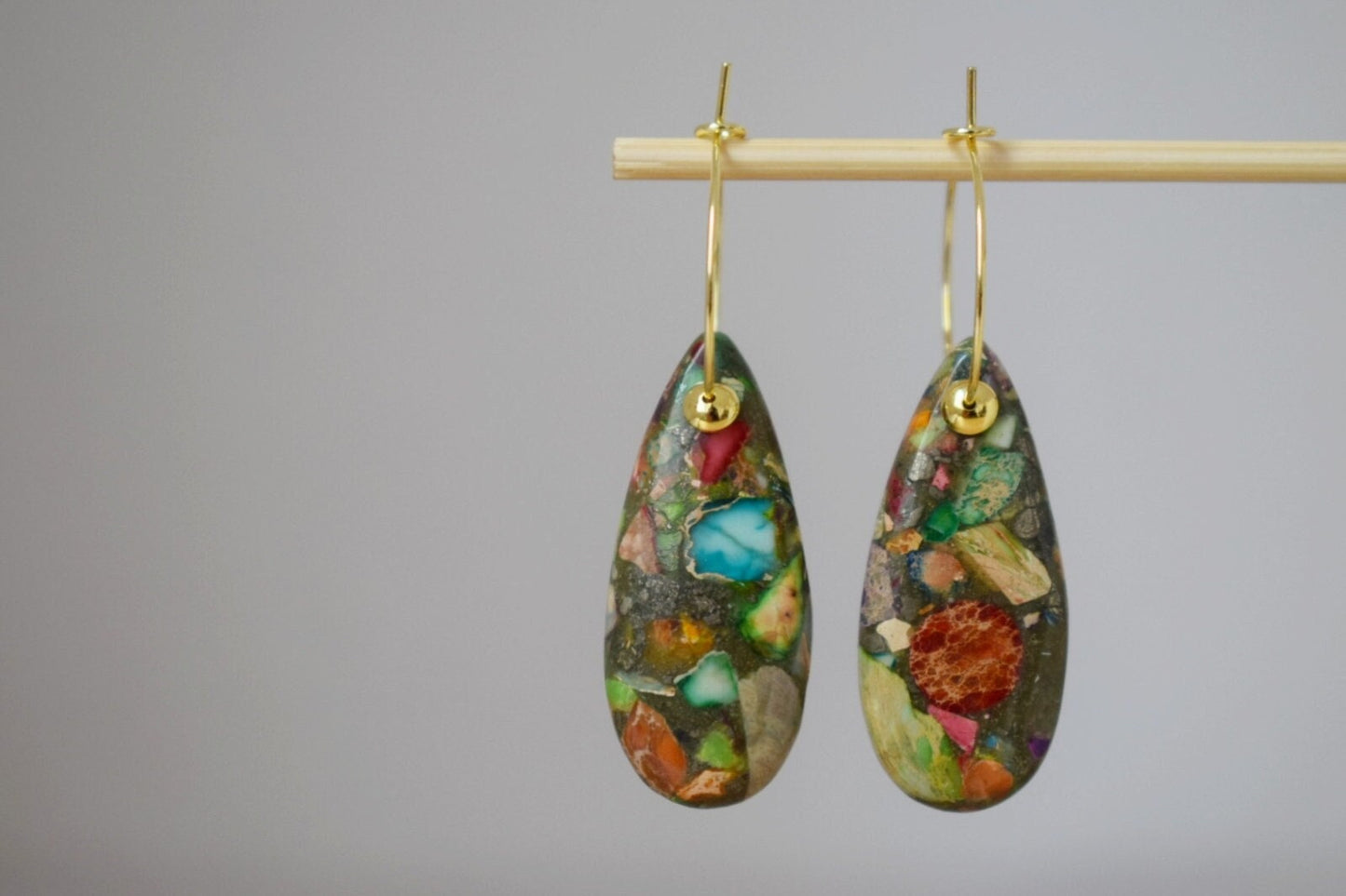 Imperial Jasper Hoop Earrings, 18k gold plated, Teardrop Sea Sediment Jasper, Stainless steel, Gemstone Drop Colorful Dangle Earrings, Gift