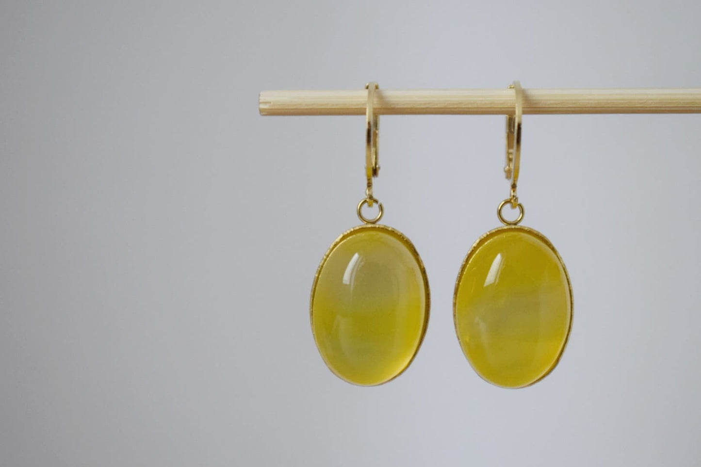 Yellow agate earrings, Oval gemstone dangle huggie hoops, Natural Stone hanging earrings, Handmade jewelry, Mother's day Gift for her