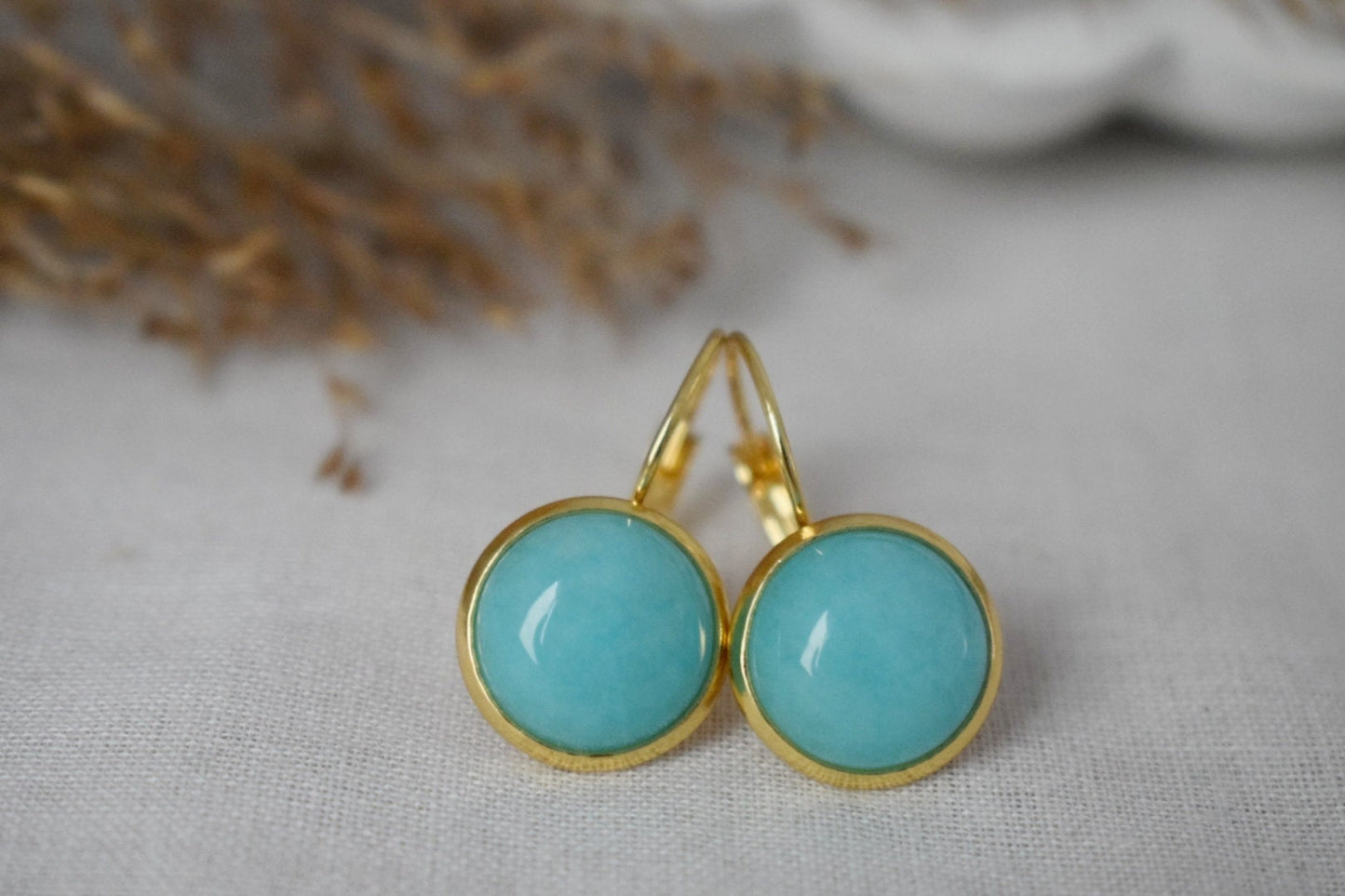 Turquoise Jade Earrings, 12mm Gemstone Dangle Earrings, Hanging Earrings, Turquoise Gold, Lever Back Earrings, Jade Jewelry, Gift For Her