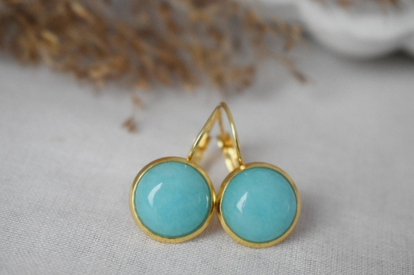 Turquoise Jade Earrings, 12mm Gemstone Dangle Earrings, Hanging Earrings, Turquoise Gold, Lever Back Earrings, Jade Jewelry, Gift For Her