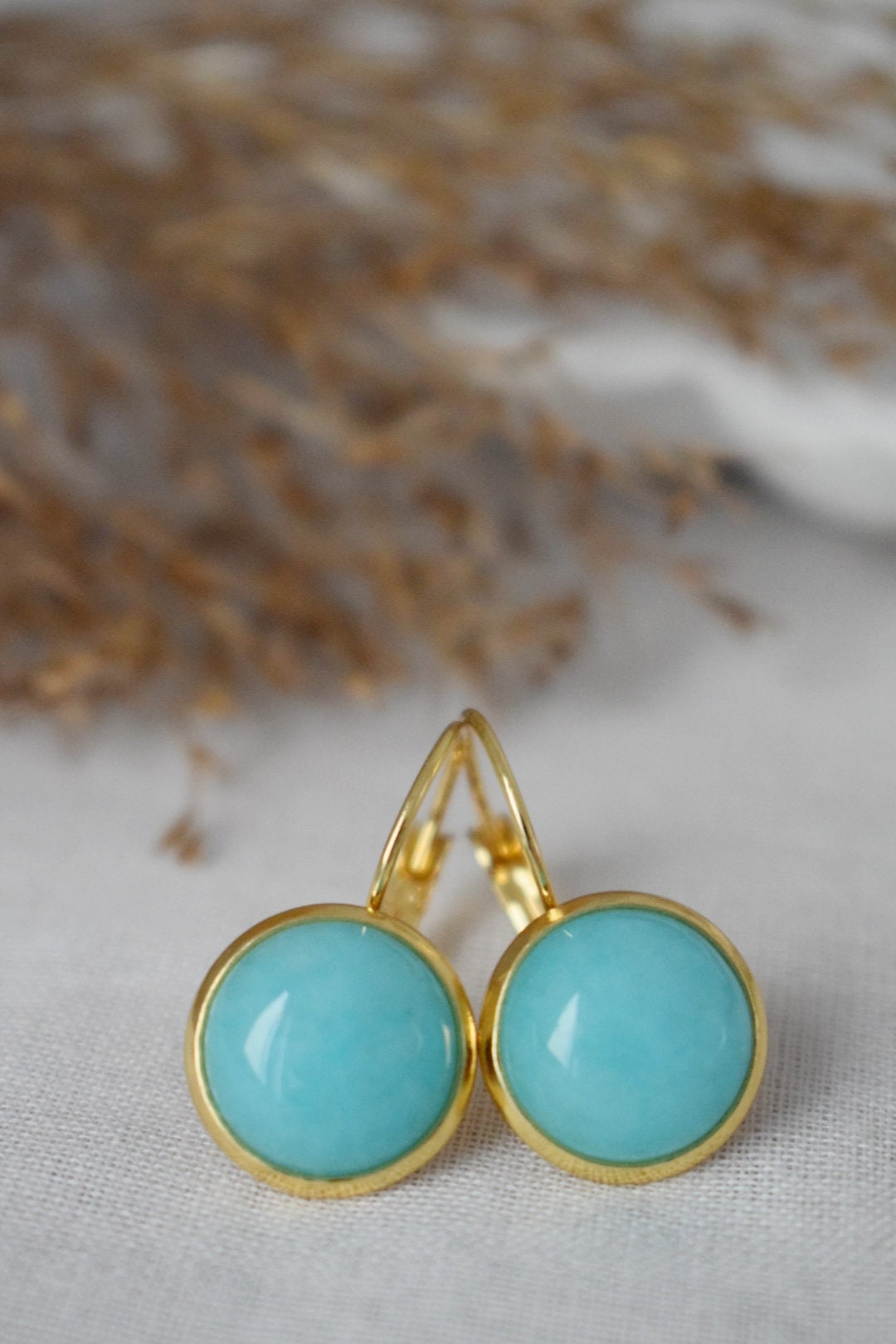Turquoise Jade Earrings, 12mm Gemstone Dangle Earrings, Hanging Earrings, Turquoise Gold, Lever Back Earrings, Jade Jewelry, Gift For Her