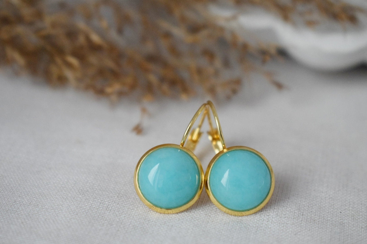 Turquoise Jade Earrings, 12mm Gemstone Dangle Earrings, Hanging Earrings, Turquoise Gold, Lever Back Earrings, Jade Jewelry, Gift For Her