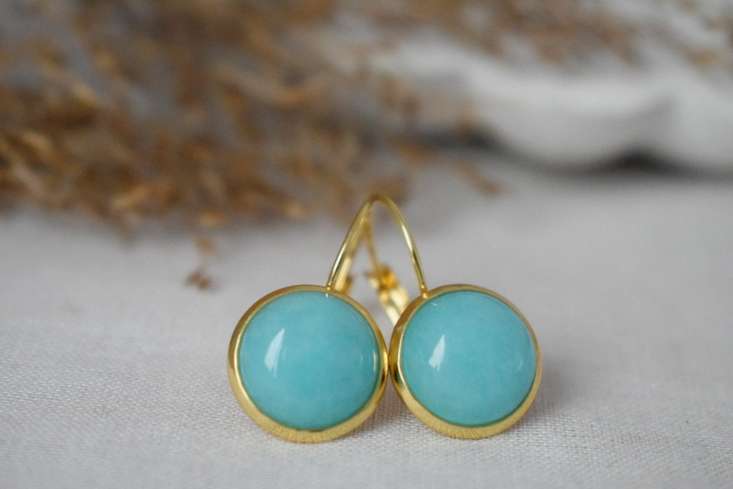 Turquoise Jade Earrings, 12mm Gemstone Dangle Earrings, Hanging Earrings, Turquoise Gold, Lever Back Earrings, Jade Jewelry, Gift For Her