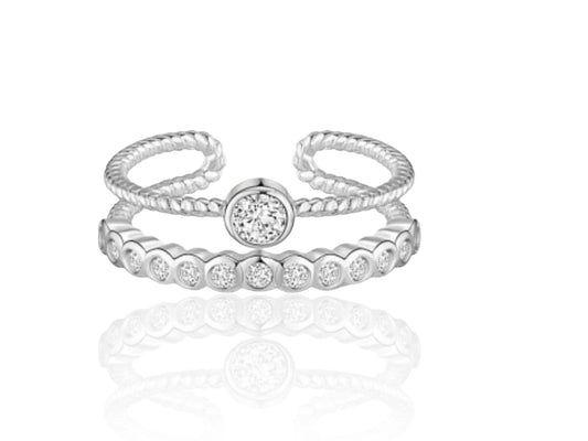 925 Sterling Silver Double Band Ring with Cubic Zirconia, Stacking Ring Sterling Silver Ring, Open 925 Sterling Silver Ring, Unique Ring