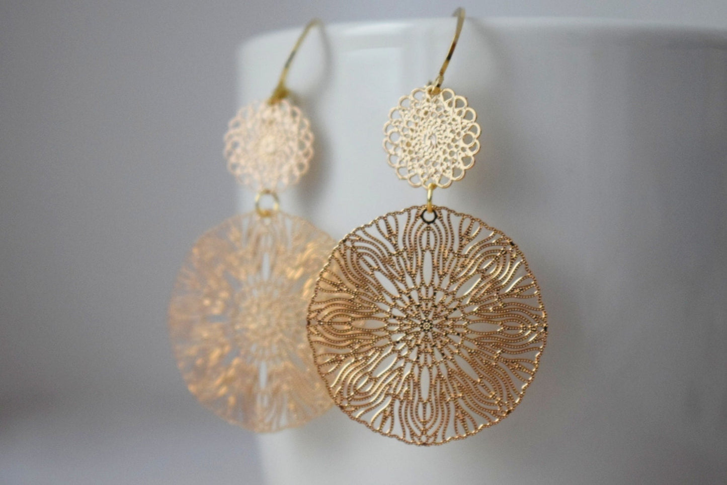 Ornament earrings for women, Long mandala gold plated huggie earrings, Stainless steel earrings, Boho filigree hoops, Jewelry gift for her