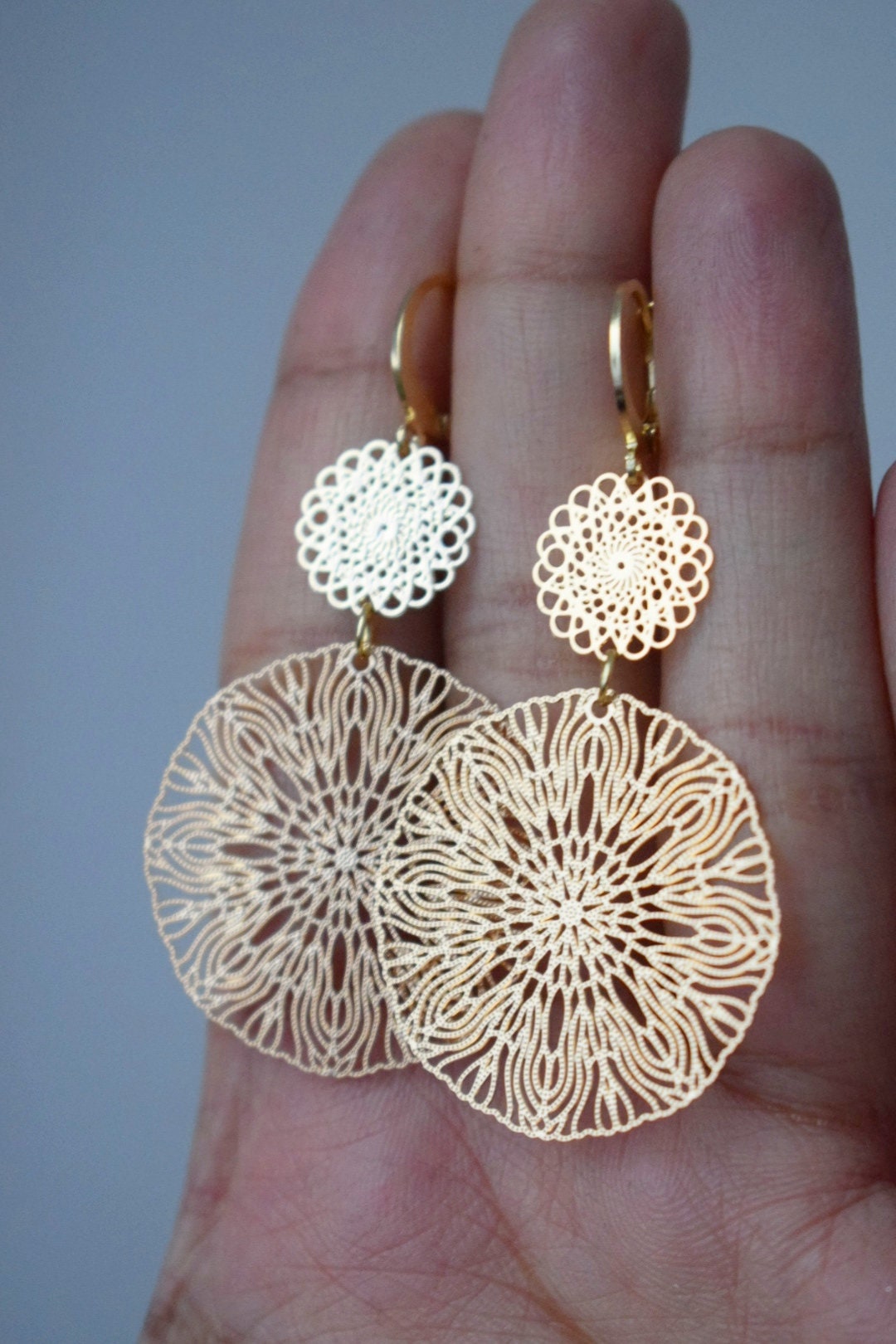 Ornament earrings for women, Long mandala gold plated huggie earrings, Stainless steel earrings, Boho filigree hoops, Jewelry gift for her