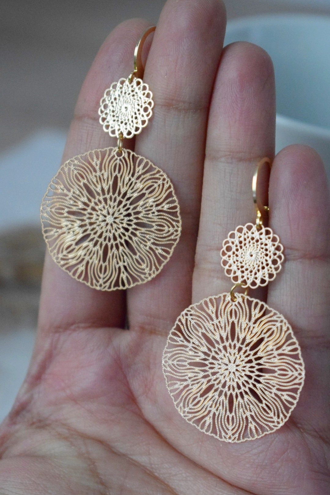 Ornament earrings for women, Long mandala gold plated huggie earrings, Stainless steel earrings, Boho filigree hoops, Jewelry gift for her